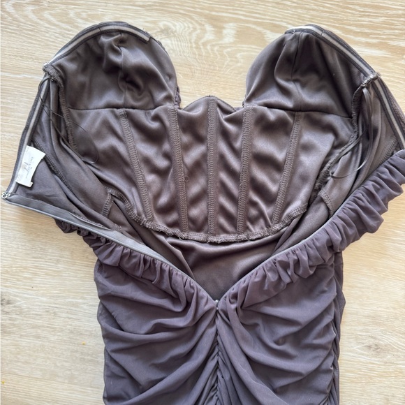 Bobbles and Lace Corset Mesh Overlay Ruched Midi Length Charcoal Bodycon Dress - Picture 4 of 4